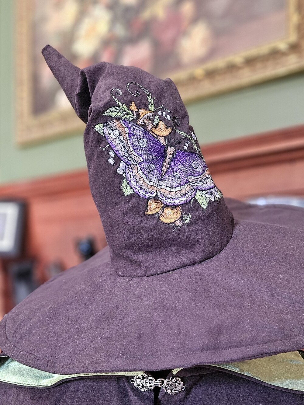 Brown Faux Suede Embroidered Witch Hat